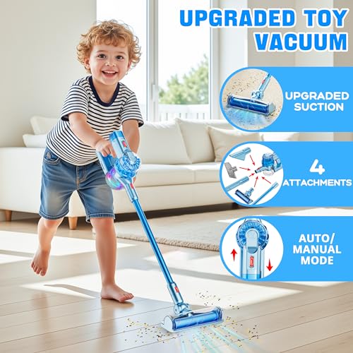 BLAXTEM 4in1 Kids Toy Vacuum That Works with Suction Electric Toy Toddler Vacuum Cleaner for Children Ages 3 4 5 6 Boys GirlsToddlers Toys Cleaning Set for Pretend Play Light Blue - Image 5
