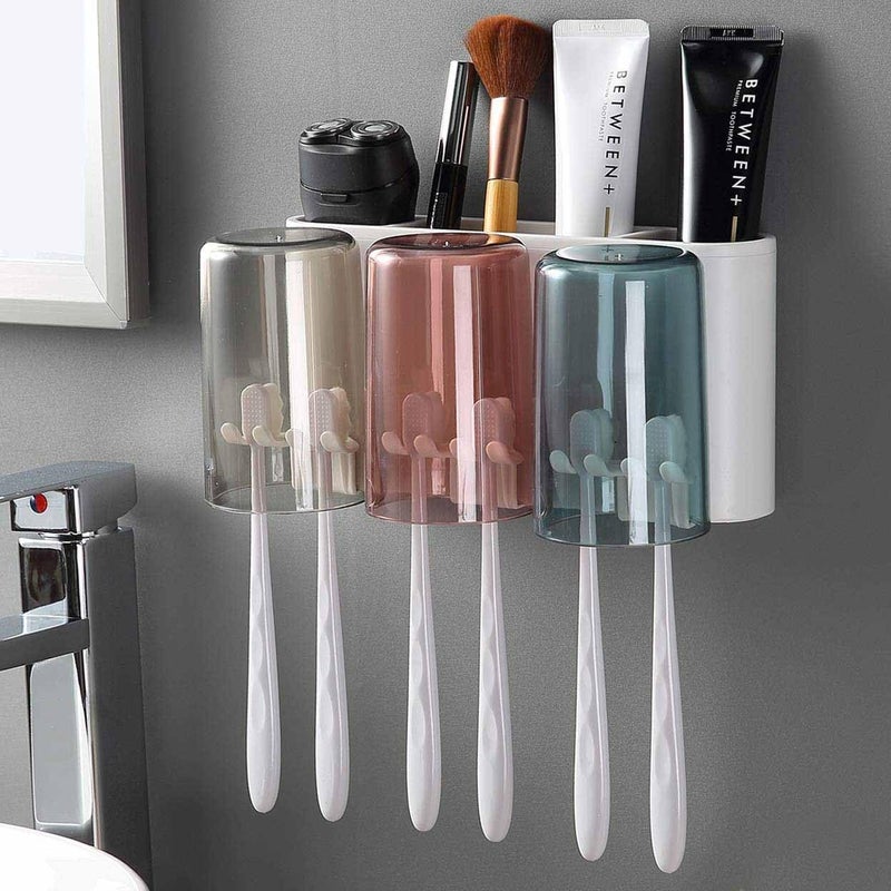 SKOFRI Automatic Toothpaste Dispenser Holder Wall Mount and Toothbrush Holder Multifunctional SpaceSaving Toothbrush Storage Box No Need to Drill 3 Cups - Image 1