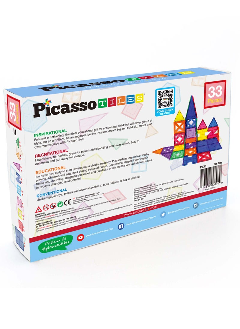 PicassoTiles - Picasso Magnetic Educational Building Tile Set 33 Pieces | Magnetic Tiles | Building Blocks | Educational Toy Set | Construction Building Kit for Child Brain Development - Image 1