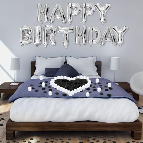 Charnoel Black and Silver Happy Birthday Balloons Decorations Happy Birthday Letter Balloons Banner with 24pcs Flameless LED Candles and 2000pcs Artificial Rose Petals for Women Men Room Party Decor - Image 1