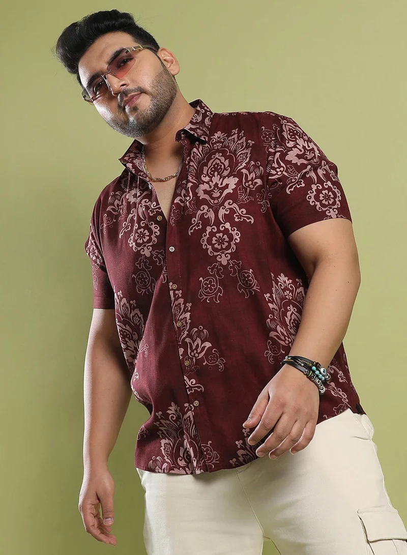 Instafab Plus Instafab Plus Men's Brown Ethnic Motif Shirt For Casual Wear | Spread Collar | Short Sleeve | Button Closure | Rayon Slub Lycra Shirt Crafted With Comfort Fit For Everyday Wear