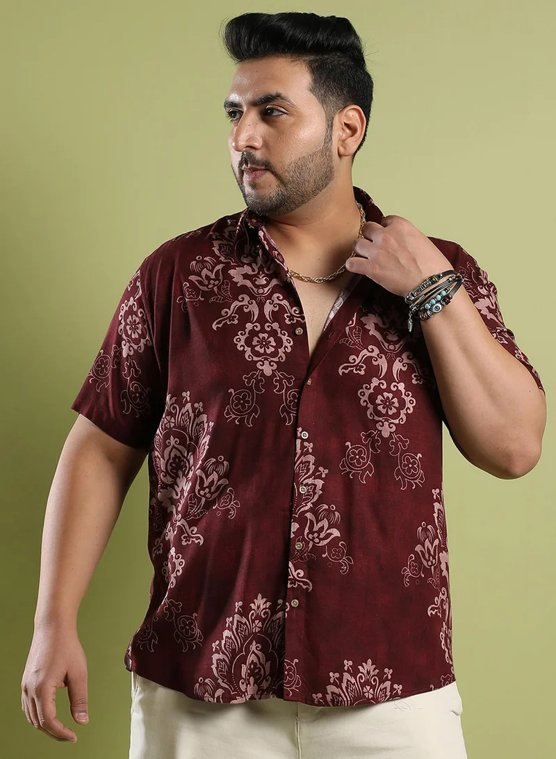 Instafab Plus Instafab Plus Men's Brown Ethnic Motif Shirt For Casual Wear | Spread Collar | Short Sleeve | Button Closure | Rayon Slub Lycra Shirt Crafted With Comfort Fit For Everyday Wear