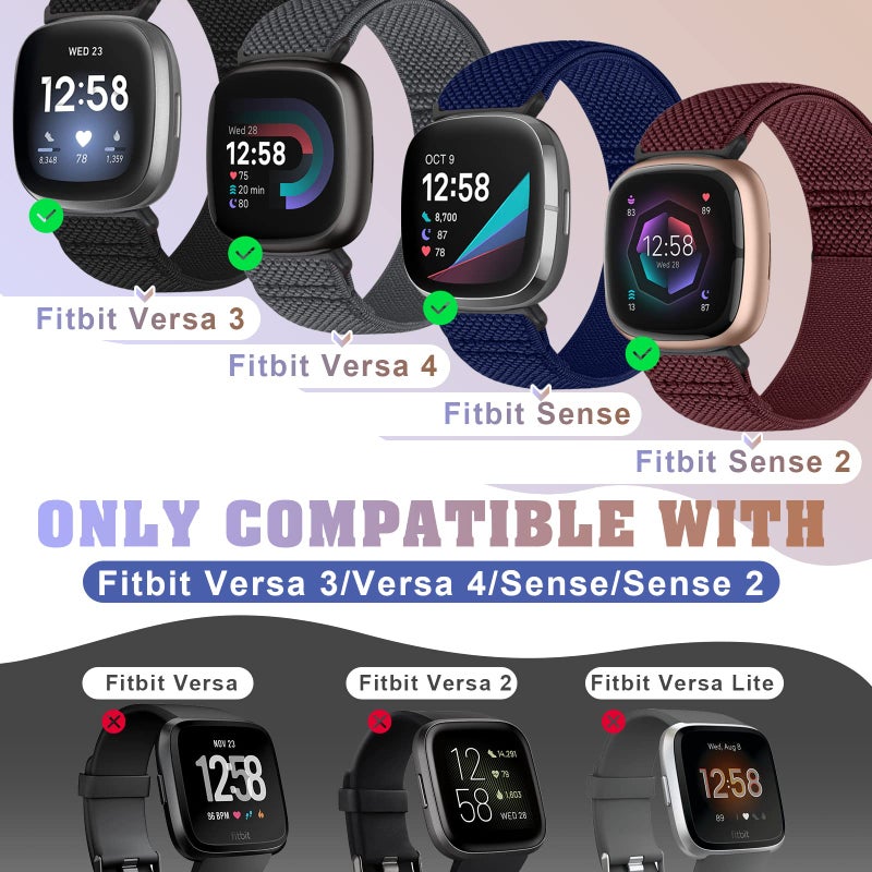 Bcuckood Compatible with Fitbit Versa 4/Versa 3/Sense 2/Sense Band Women Men, 5 Pack Elastic Nylon Soft Adjustable Stretchy Solo Loop Replacement Strap for Women Men - Image 2