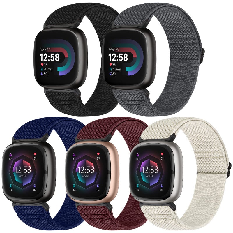 Bcuckood Compatible with Fitbit Versa 4/Versa 3/Sense 2/Sense Band Women Men, 5 Pack Elastic Nylon Soft Adjustable Stretchy Solo Loop Replacement Strap for Women Men - Image 1
