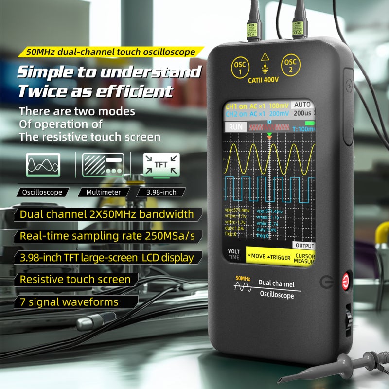 Handheld Oscilloscope 50MHz Bandwidth 250MSa/s Sampling Rate Precise Measurement Dual Channel - Intuitive 3.98-Inch TFT Touch Screen Signal Generator for Automotive Repair Lab Electronics - Image 3