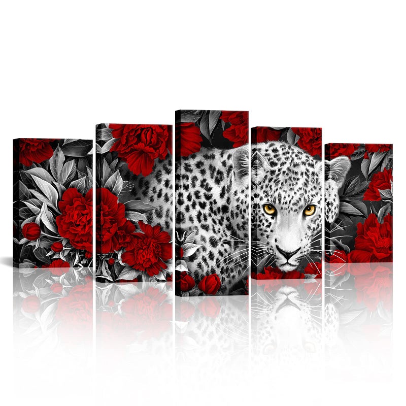 Kalormore Wildlife Animal Canvas Wall Art Black and White Leopard in Red Peony Flowers Picture Prints Gallery Wrapped Artwork Ready to Hang for Living Room Bedroom Decoration 60LX32H