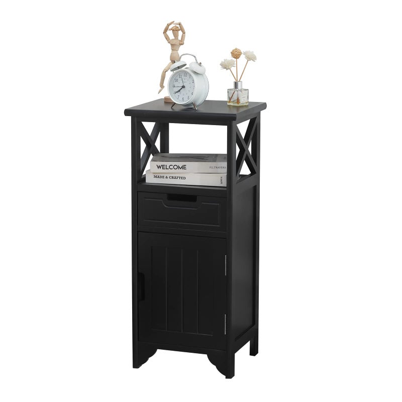 BECTSBEFF Assembled 30in Height Nightstand Pre Assembled Bathroom Floor Cabinet with Shelf and Storage Drawer Black Tall End Table No Assembly Chest for Living Room Bedroom