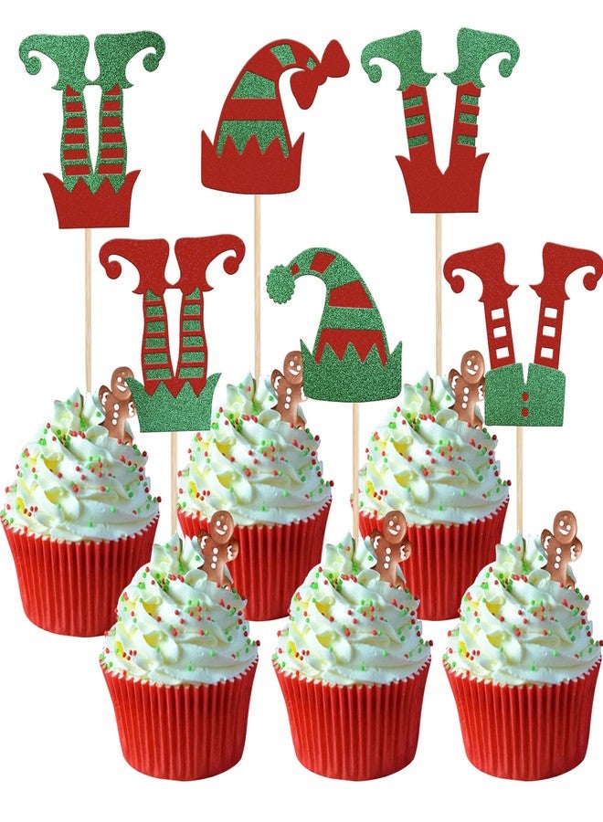 Rsstarxi 24 Pack Christmas Elf Cupcake Toppers Glitter Merry Santa Hat Elf Legs Cupcake Picks for Merry Christmas Theme New Year Holiday Baby Shower Kids Birthday Party Cake Decorations - Image 1