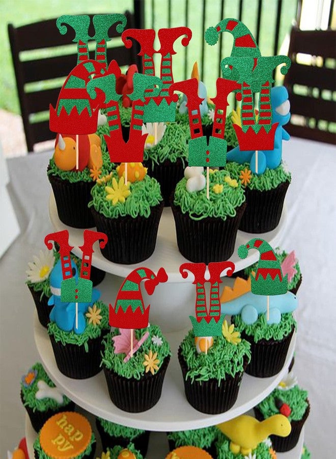 Rsstarxi 24 Pack Christmas Elf Cupcake Toppers Glitter Merry Santa Hat Elf Legs Cupcake Picks for Merry Christmas Theme New Year Holiday Baby Shower Kids Birthday Party Cake Decorations - Image 3