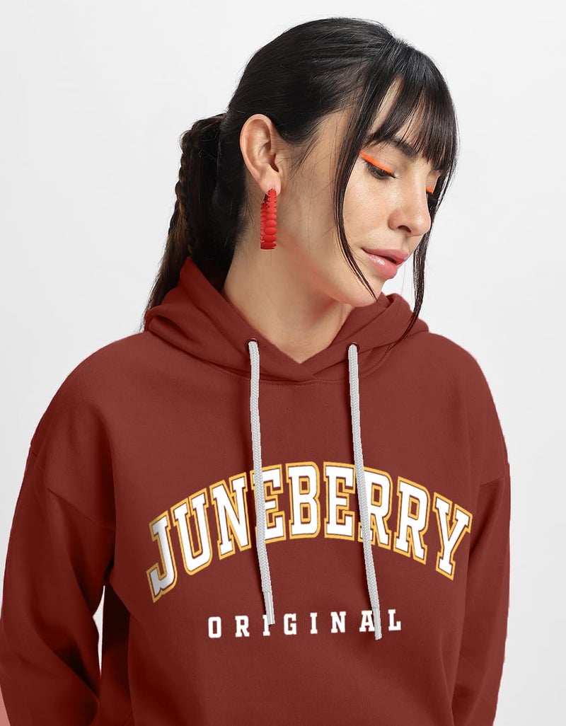JUNEBERRY® Fleece Oversized Baggy Fit Hooded Sweatshirt Drop Shoulder Typographic Logo Printed Full Sleeve Hoodie for Women (OS_HDY_JB_ORGNAL_RT_3XL) Rust - Image 3