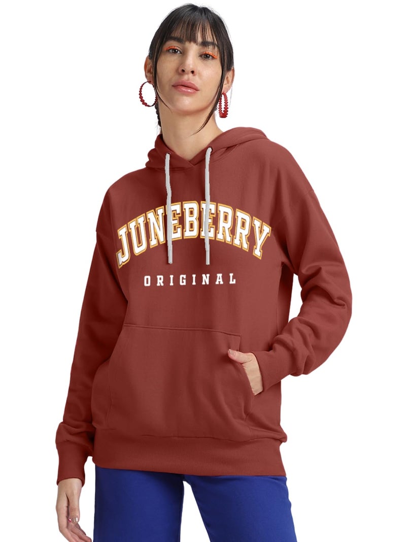 JUNEBERRY® Fleece Oversized Baggy Fit Hooded Sweatshirt Drop Shoulder Typographic Logo Printed Full Sleeve Hoodie for Women (OS_HDY_JB_ORGNAL_RT_3XL) Rust - Image 1