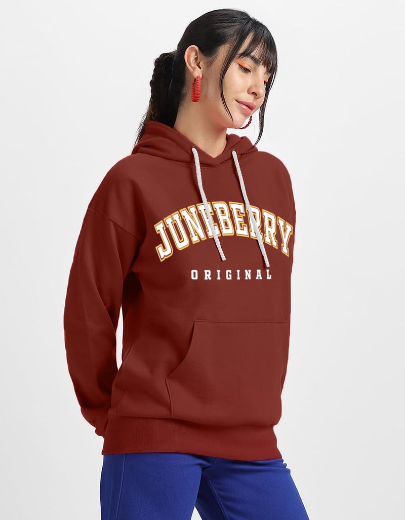 JUNEBERRY® Fleece Oversized Baggy Fit Hooded Sweatshirt Drop Shoulder Typographic Logo Printed Full Sleeve Hoodie for Women (OS_HDY_JB_ORGNAL_RT_3XL) Rust - Image 4