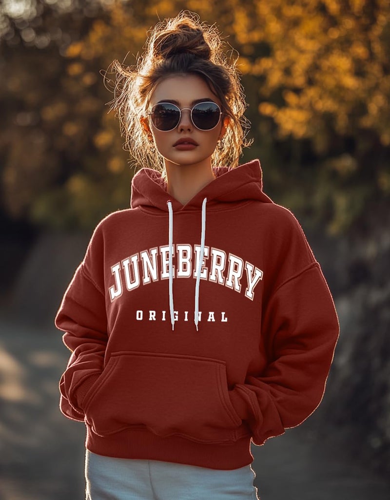 JUNEBERRY® Fleece Oversized Baggy Fit Hooded Sweatshirt Drop Shoulder Typographic Logo Printed Full Sleeve Hoodie for Women (OS_HDY_JB_ORGNAL_RT_3XL) Rust - Image 2