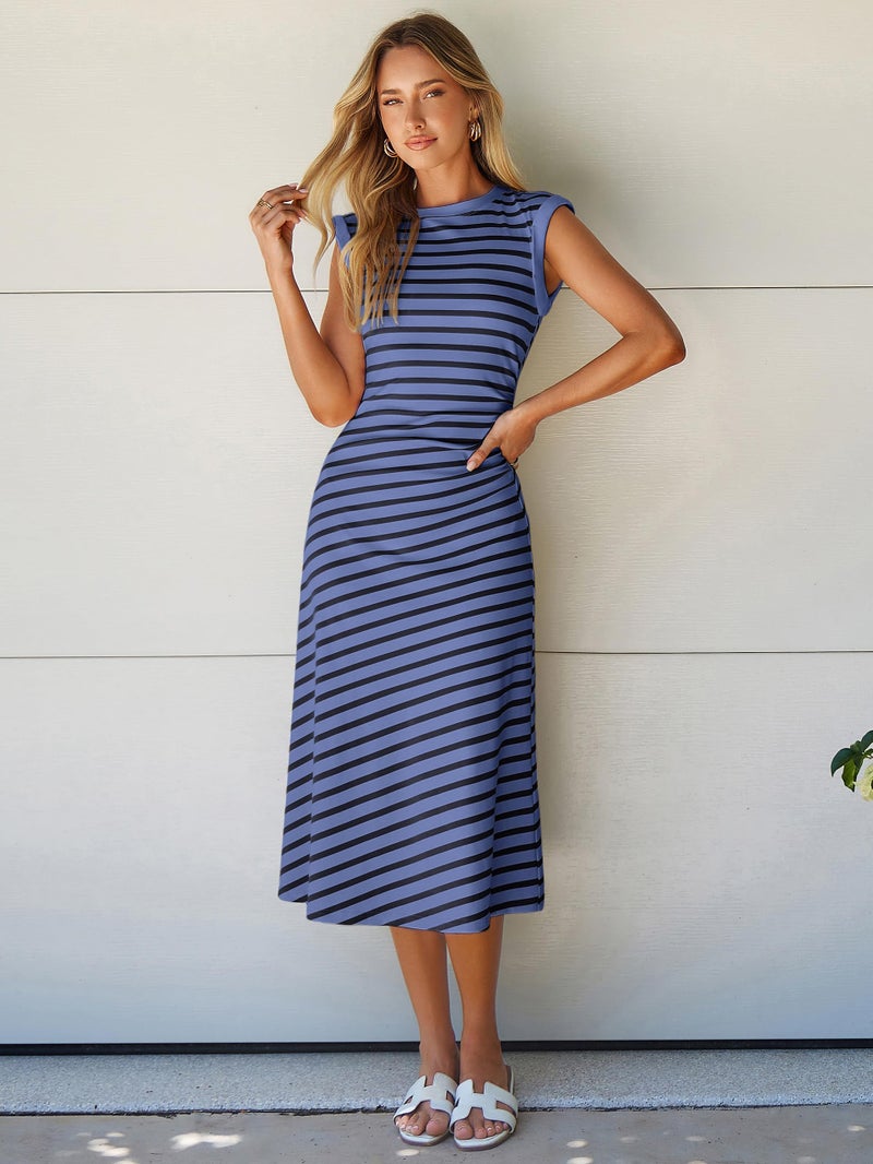 Glamaker Women Summer Tshirt Midi Dress Soft A Line Cap Sleeve Casual Sun Dress for Work Beach Vacation(Dusty Blue S) - Image 3