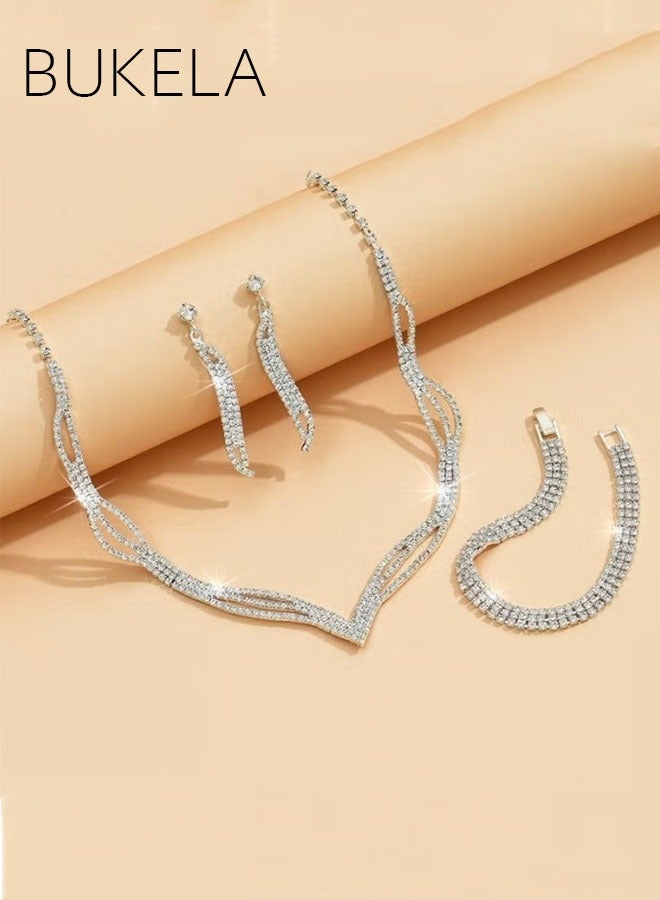 Bukela 3 Pcs Rhinestone Necklace Bracelet Earrings Set Flash Diamond V-neck Collar Chain Ear Drop Dangle Bridal Evening Dress Accessories for Girlfriend Wife Mother Bridesmaids Wedding Party Accessories - Image 1