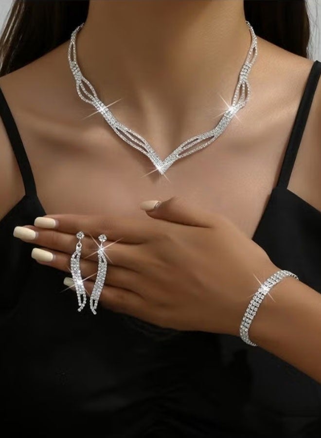 Bukela 3 Pcs Rhinestone Necklace Bracelet Earrings Set Flash Diamond V-neck Collar Chain Ear Drop Dangle Bridal Evening Dress Accessories for Girlfriend Wife Mother Bridesmaids Wedding Party Accessories - Image 2