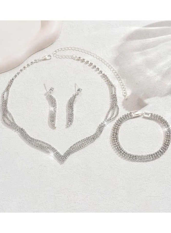 Bukela 3 Pcs Rhinestone Necklace Bracelet Earrings Set Flash Diamond V-neck Collar Chain Ear Drop Dangle Bridal Evening Dress Accessories for Girlfriend Wife Mother Bridesmaids Wedding Party Accessories - Image 3