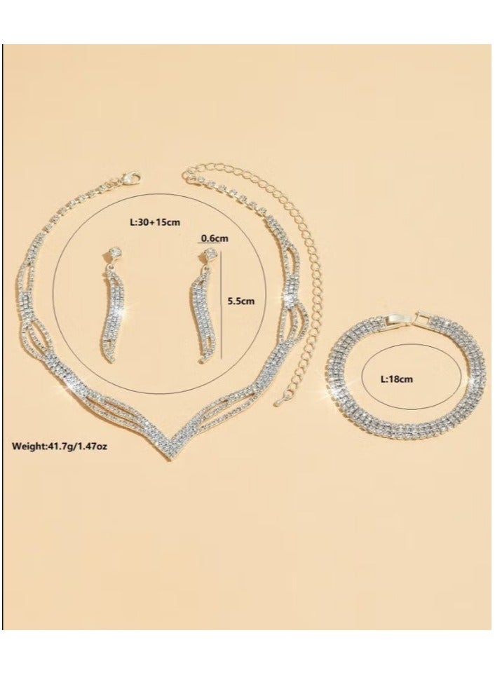 Bukela 3 Pcs Rhinestone Necklace Bracelet Earrings Set Flash Diamond V-neck Collar Chain Ear Drop Dangle Bridal Evening Dress Accessories for Girlfriend Wife Mother Bridesmaids Wedding Party Accessories - Image 4