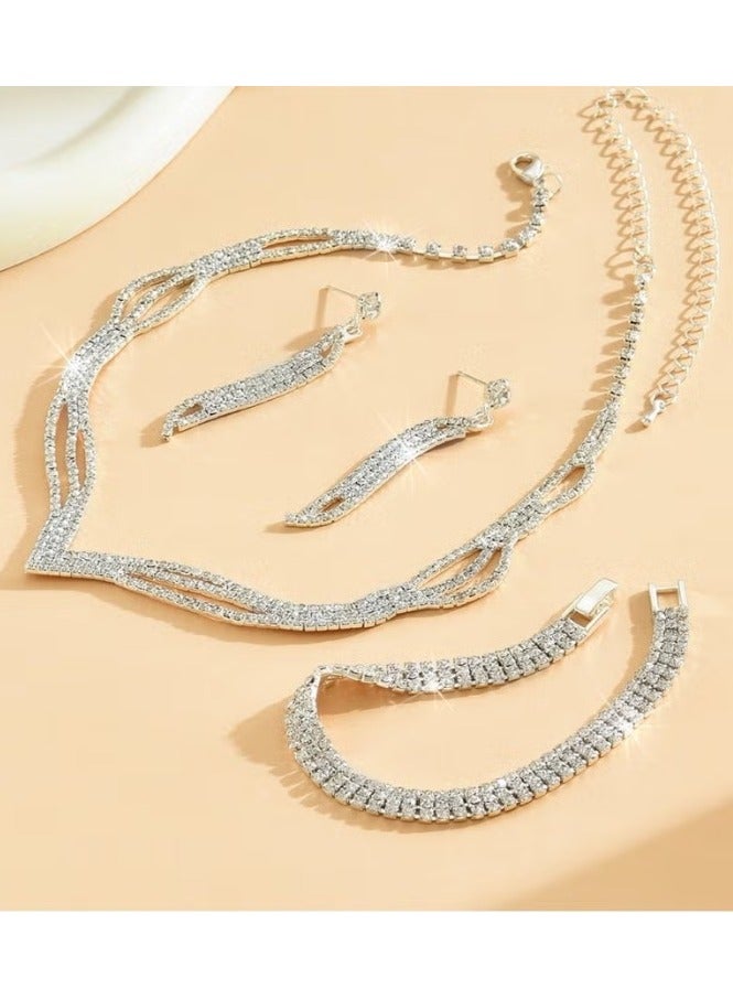 Bukela 3 Pcs Rhinestone Necklace Bracelet Earrings Set Flash Diamond V-neck Collar Chain Ear Drop Dangle Bridal Evening Dress Accessories for Girlfriend Wife Mother Bridesmaids Wedding Party Accessories - Image 5