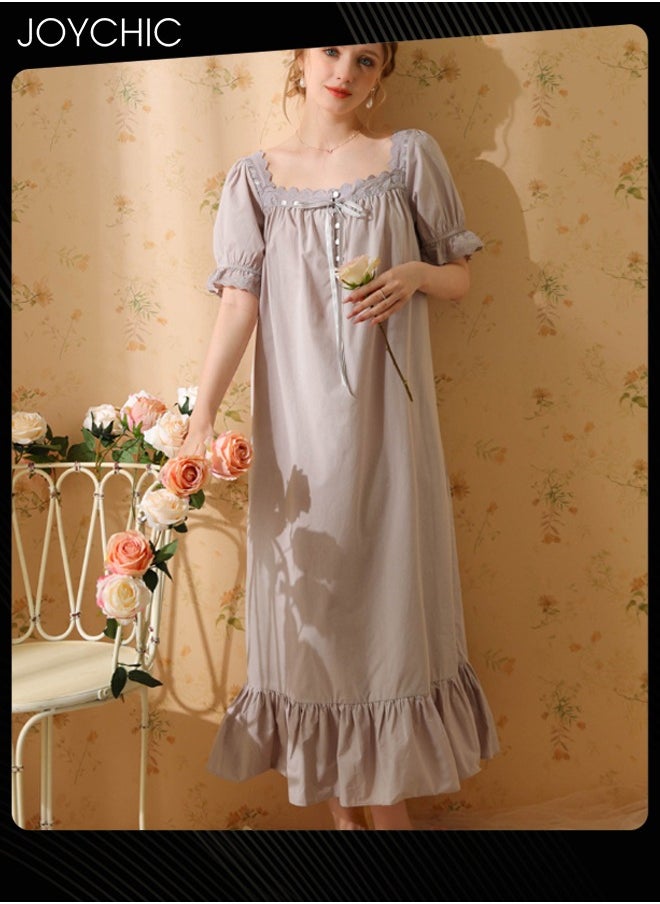Joychic - Retro French Sweet Princess Style Night Dress Short-sleeved Long Nightgown Spring Summer Autumn Cotton Breathable Sleepwear for Women Grey - Image 1