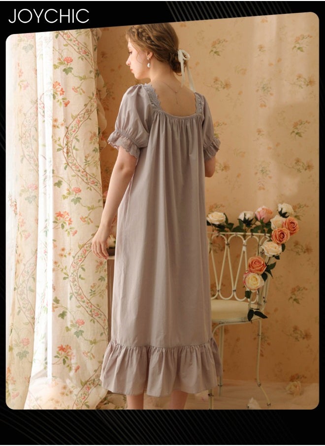 Joychic - Retro French Sweet Princess Style Night Dress Short-sleeved Long Nightgown Spring Summer Autumn Cotton Breathable Sleepwear for Women Grey - Image 1