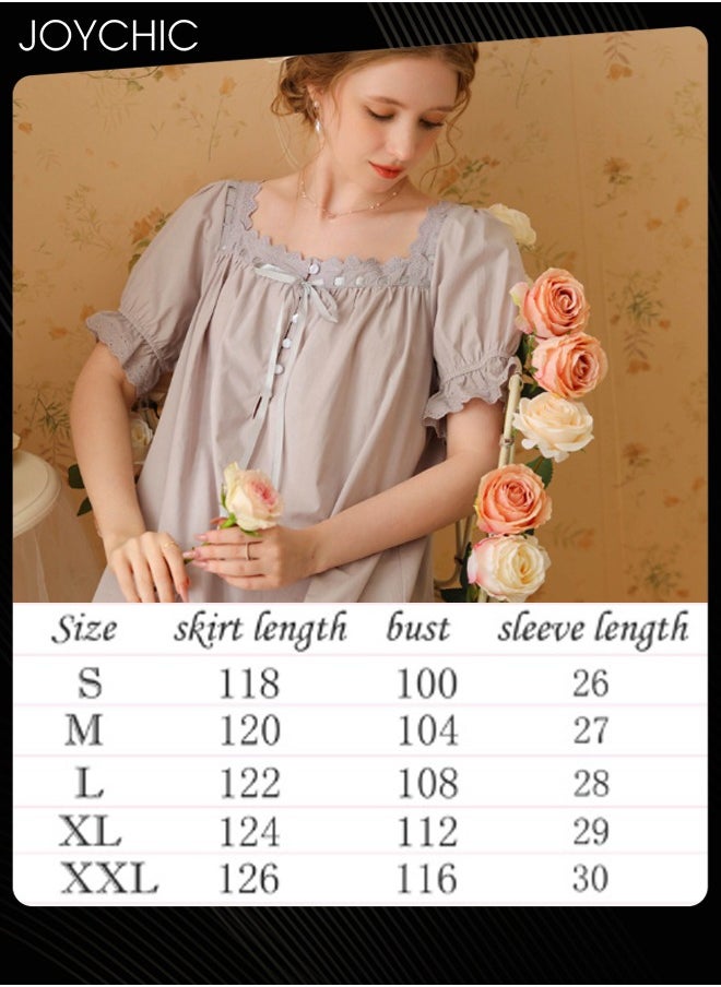 Joychic - Retro French Sweet Princess Style Night Dress Short-sleeved Long Nightgown Spring Summer Autumn Cotton Breathable Sleepwear for Women Grey - Image 1
