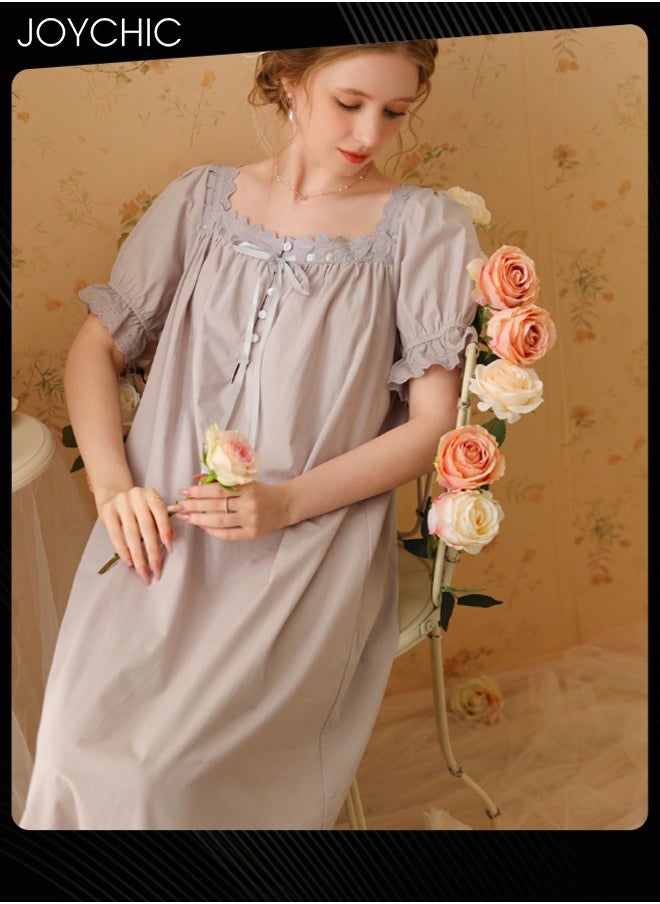 Joychic - Retro French Sweet Princess Style Night Dress Short-sleeved Long Nightgown Spring Summer Autumn Cotton Breathable Sleepwear for Women Grey - Image 1