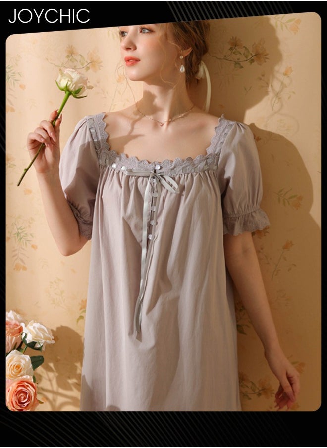 Joychic - Retro French Sweet Princess Style Night Dress Short-sleeved Long Nightgown Spring Summer Autumn Cotton Breathable Sleepwear for Women Grey - Image 1