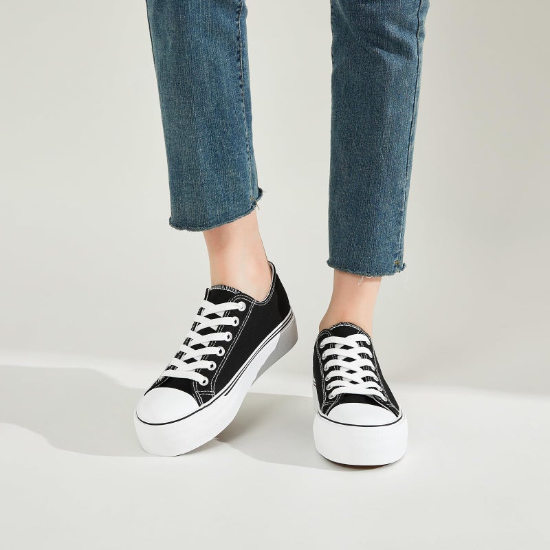 SERNIAL Womens White Platform Sneakers Low Top Platform Shoes Black Canvas Shoes for Women(Black,US8) - Image 2
