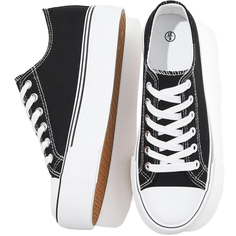 SERNIAL Womens White Platform Sneakers Low Top Platform Shoes Black Canvas Shoes for Women(Black,US8) - Image 1