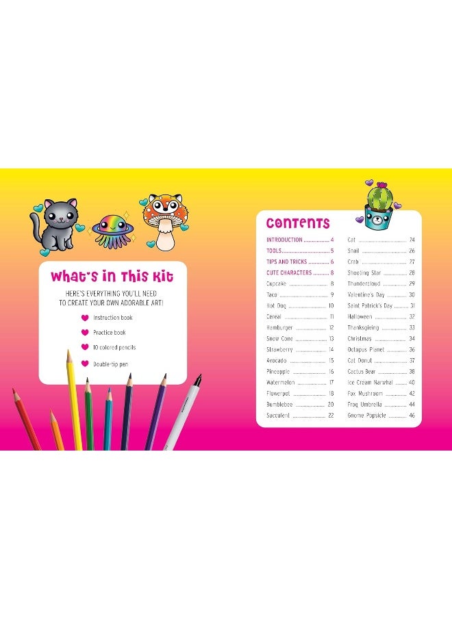 Cutest Art Kit Ever!: Color and Create Adorable Art – Includes: 48-page Art Instruction Book, 48-page Practice Book, 10 Colored Pencils, Double-Tip Pen  - Image 2