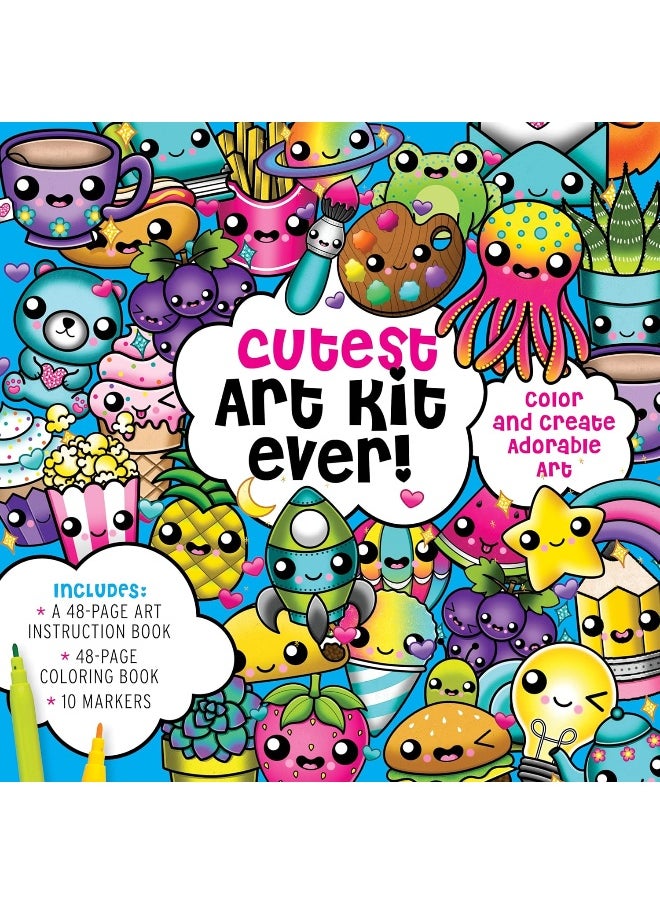 Cutest Art Kit Ever!: Color and Create Adorable Art – Includes: 48-page Art Instruction Book, 48-page Practice Book, 10 Colored Pencils, Double-Tip Pen  - Image 1