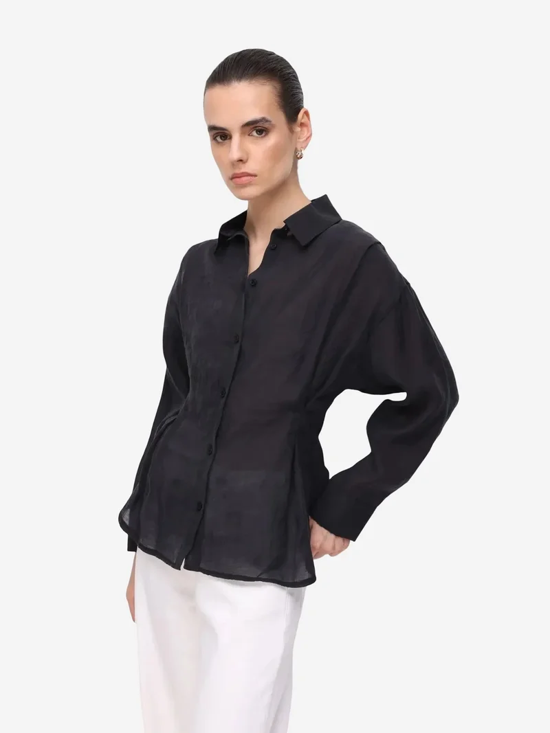 Mixray Black MIXRAY Fitted Textured Button-Up Shirt for Women | Best Price UAE