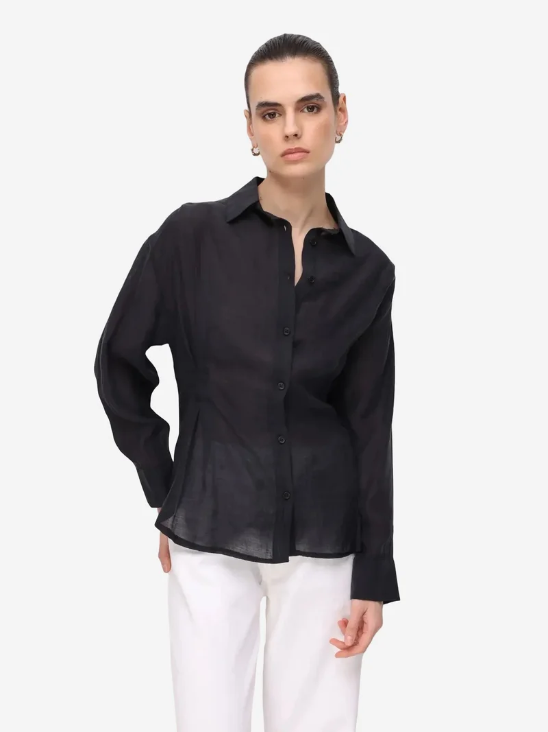 Mixray Black MIXRAY Fitted Textured Button-Up Shirt for Women | Best Price UAE
