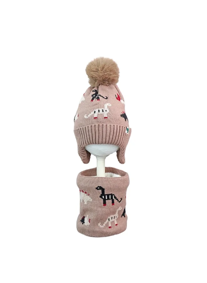 LITTLE SURPRISE BOX 2Pcs Brown Dino Themed Beanie Winter Cap With Matching Neck Cuff Style Muffler For Kids