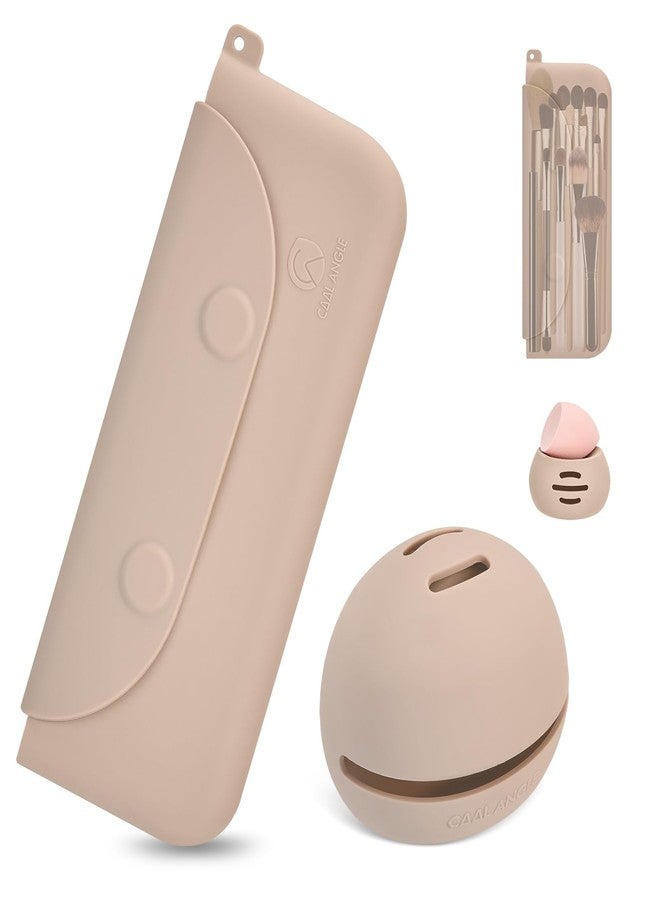 COOL-ANGLE Silicone Makeup Brush Holder And Beauty Sponge Case, Travel Makeup Brush Case With Magnetic Closure, Makeup Sponge Holder 2 In 1 Stand Storage For Quick Drying Khaki - Image 1