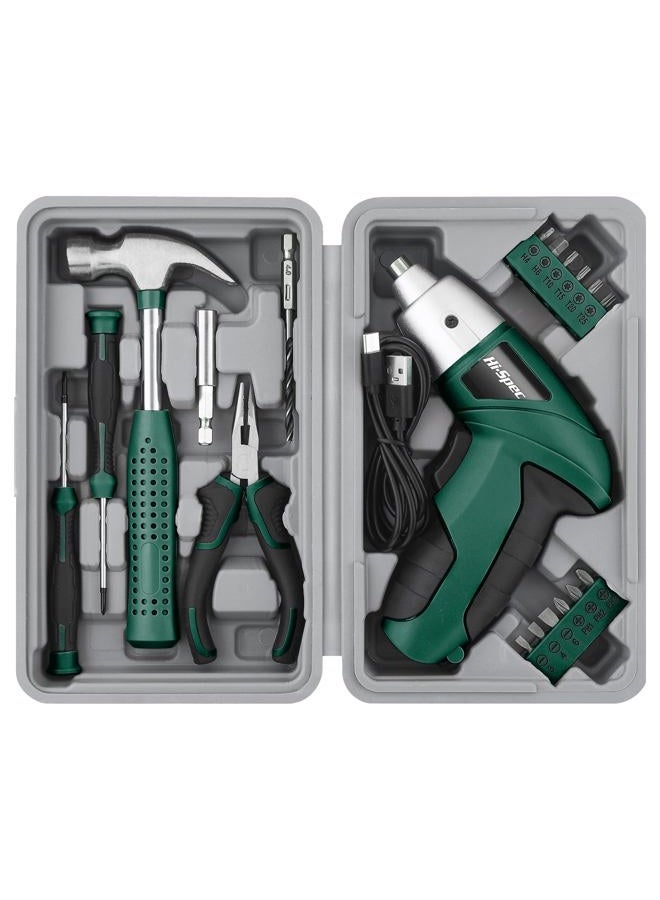 Hi-Spec 19pc 3.6V Green USB Small Power Screwdriver & Home DIY Tool Kit Set. Cordless & Rechargeable Electric Screwdriver and Compact Hand Tool Box Set - Image 1