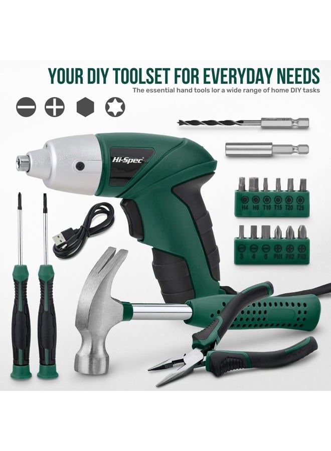 Hi-Spec 19pc 3.6V Green USB Small Power Screwdriver & Home DIY Tool Kit Set. Cordless & Rechargeable Electric Screwdriver and Compact Hand Tool Box Set - Image 2