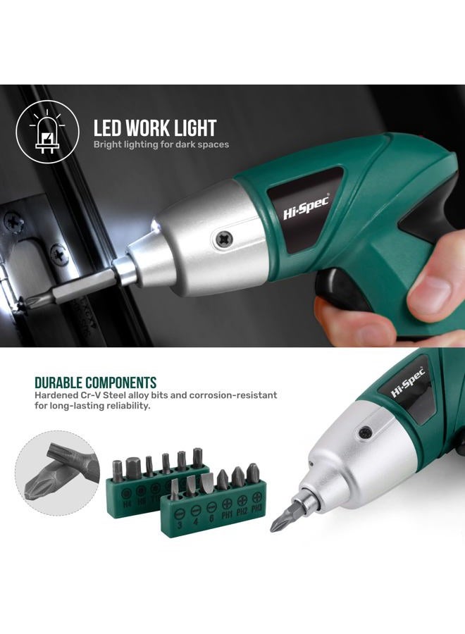 Hi-Spec 19pc 3.6V Green USB Small Power Screwdriver & Home DIY Tool Kit Set. Cordless & Rechargeable Electric Screwdriver and Compact Hand Tool Box Set - Image 4