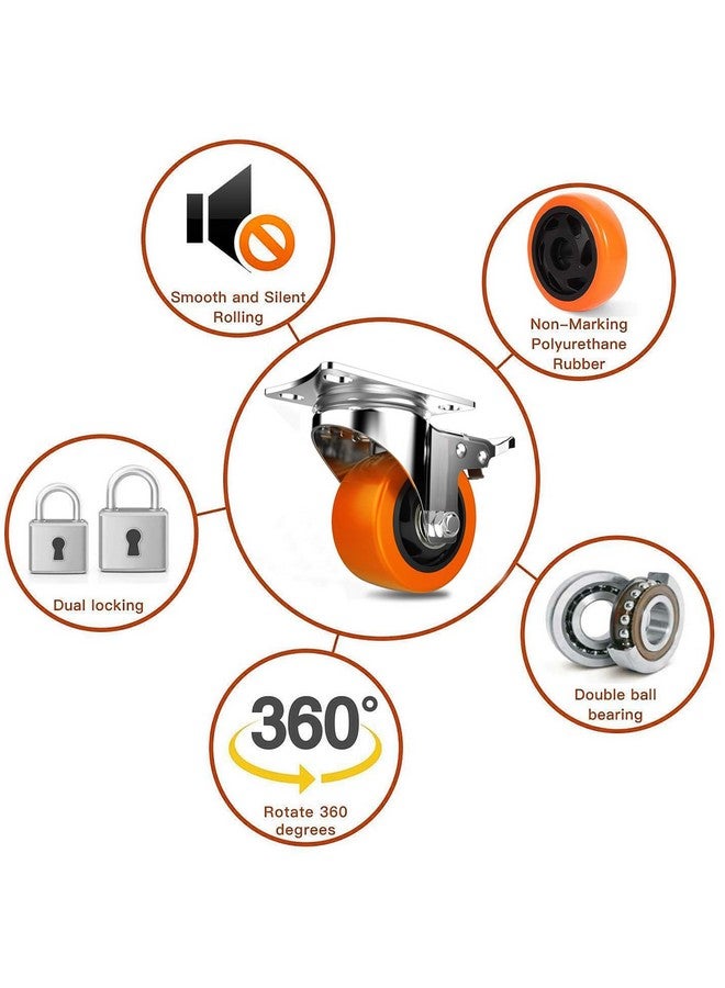BIRMON 3 Inch Universally Compatible Heavy Duty Caster Wheels Carbon Steel and Soft Rubber Swivel Caster with Break & 360 Degree for 00 kg Capacity (Orange Color - 4 Pcs. Set) - Image 3