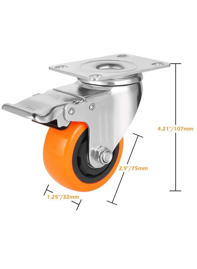 BIRMON 3 Inch Universally Compatible Heavy Duty Caster Wheels Carbon Steel and Soft Rubber Swivel Caster with Break & 360 Degree for 00 kg Capacity (Orange Color - 4 Pcs. Set) - Image 2