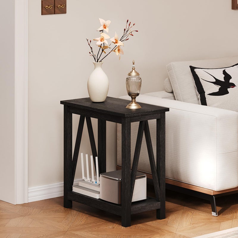 ChooChoo Farmhouse End Table, Narrow Side Table, Slim End Table with Storage Shelf for Small Spaces, Rustic Nightstand, for Living Room, Bedroom Black - Image 4