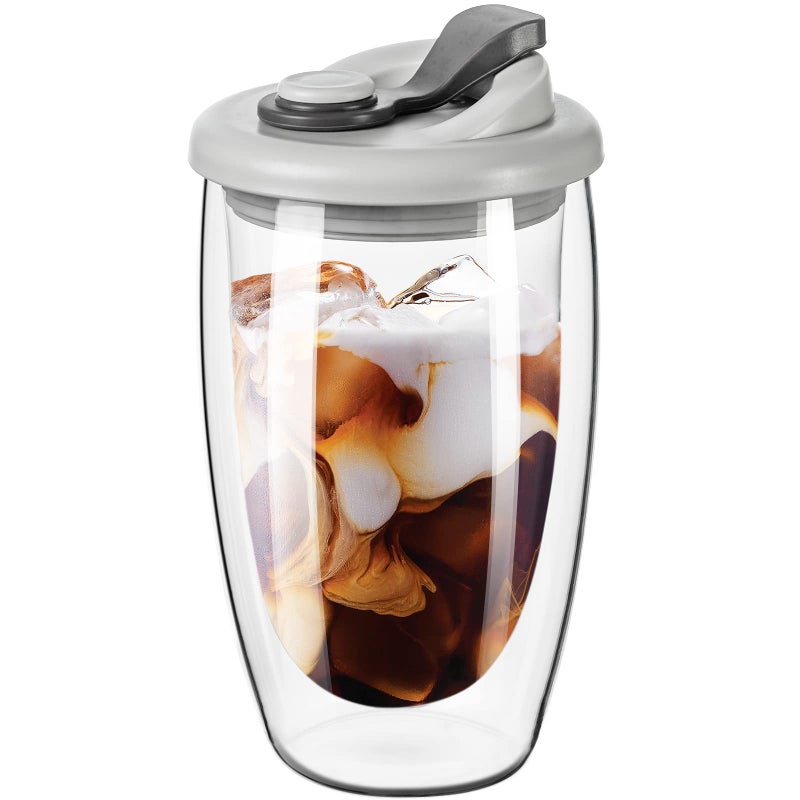 كوب قهوة زجاجي مزدوج الجدار من PARACITY مع غطاء سيليكون 15 أونصة