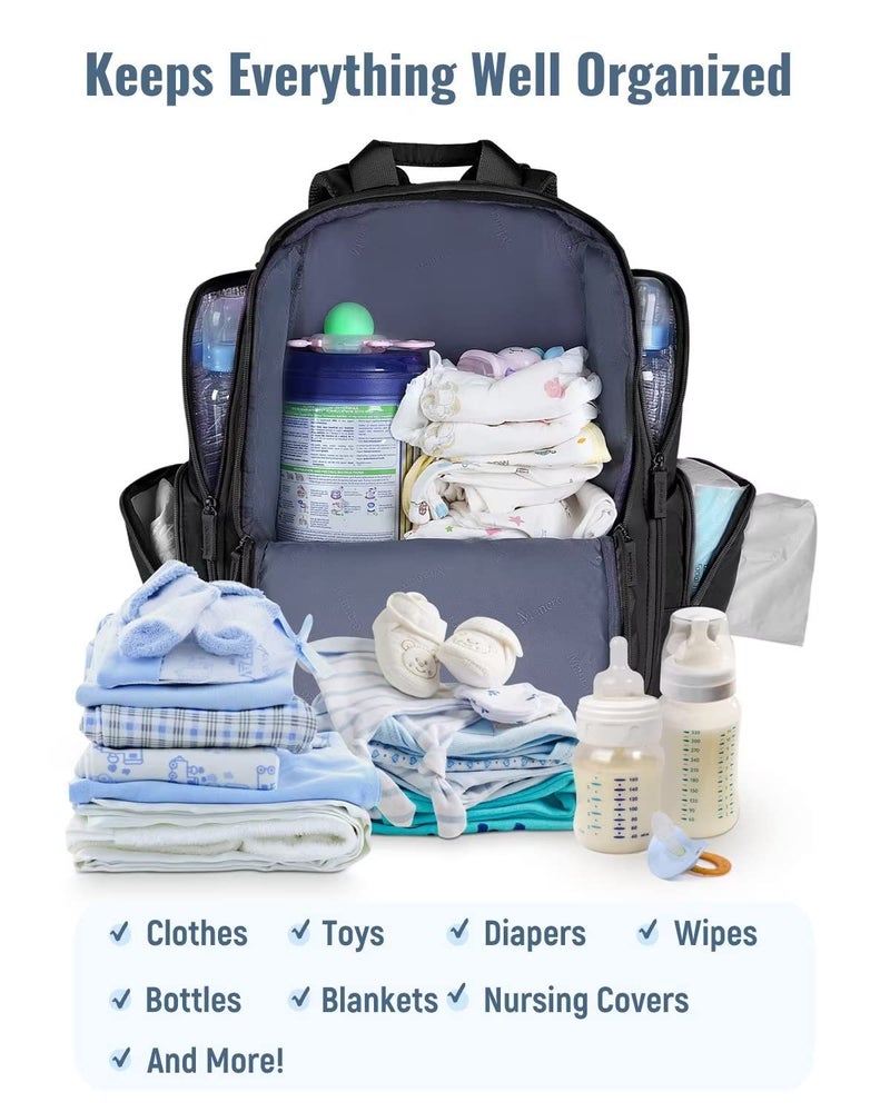 Mancro Diaper Bag Backpack, Multifunctional Dad Diaper Bag with 2 Side Insulated Pockets, Travel Water Resistant Baby Diaper Backpack for Men Women with Stroller Straps, Black - Image 3