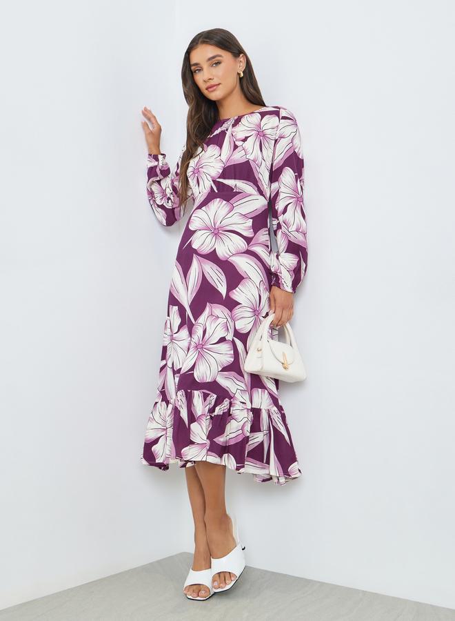 Styli Purple Floral Midi Dress with Long Sleeves - Image 2