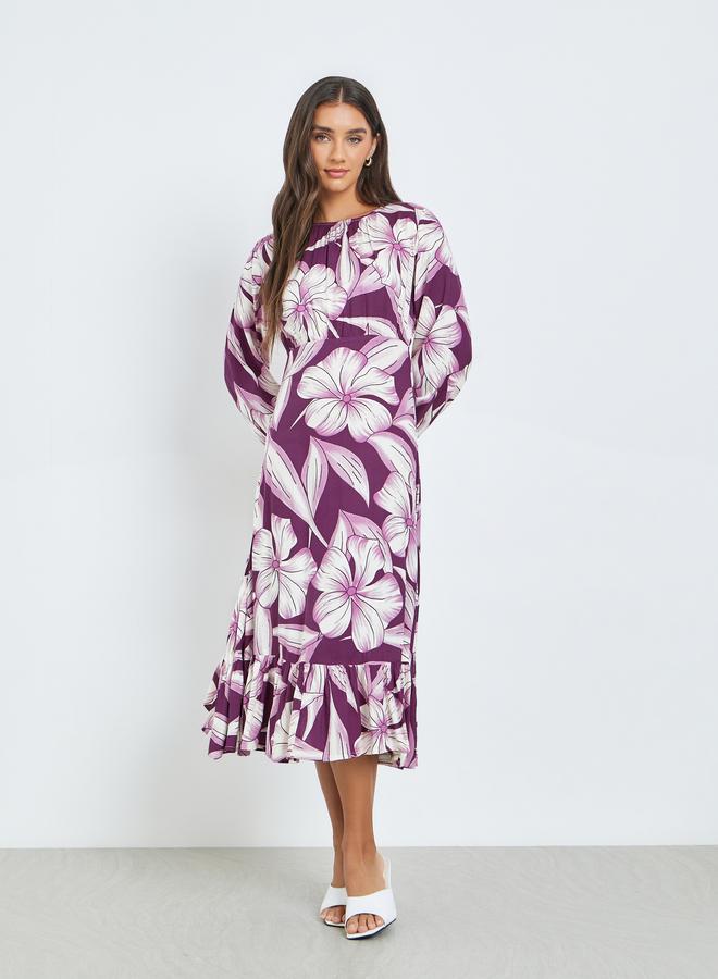 Styli Purple Floral Midi Dress with Long Sleeves - Image 4