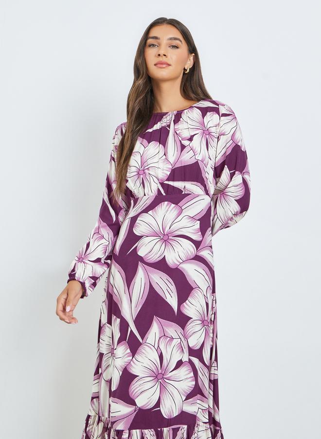 Styli Purple Floral Midi Dress with Long Sleeves - Image 3