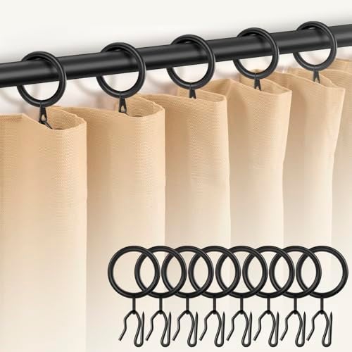 Dpyrrhic 60Pcs Metal Curtain Rings and 60 Pcs Curtain Drapery Pin Hooks,Black Curtain Hooks for Drapes,30mm Internal Diameter for Window, Shower Curtain - Image 1