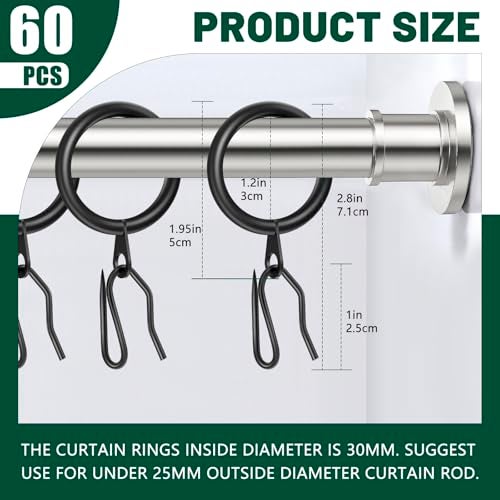 Dpyrrhic 60Pcs Metal Curtain Rings and 60 Pcs Curtain Drapery Pin Hooks,Black Curtain Hooks for Drapes,30mm Internal Diameter for Window, Shower Curtain - Image 2