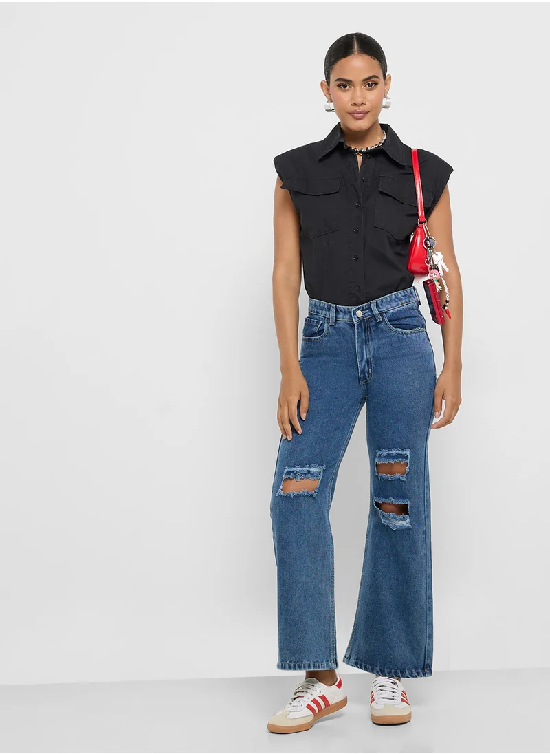 جينجر Ripped High Rise Wide Leg Jeans